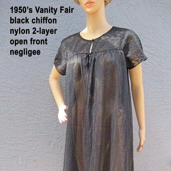 Sz S Vanity Fair Negligee sheer Robe, 1950s boudoir fashion, 2 layer black nylon